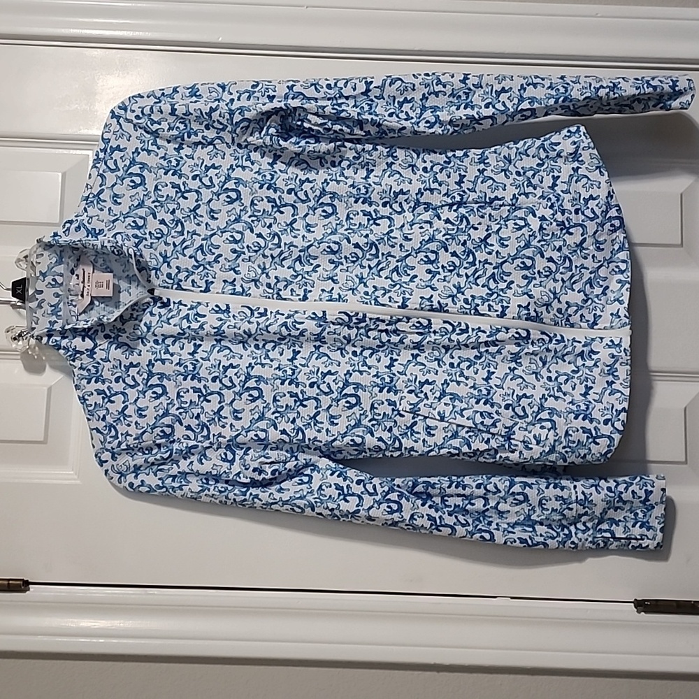 Tommy Bahama Womens Gold And Tennis Full Zip Up Jacket Blue And White Size Small
